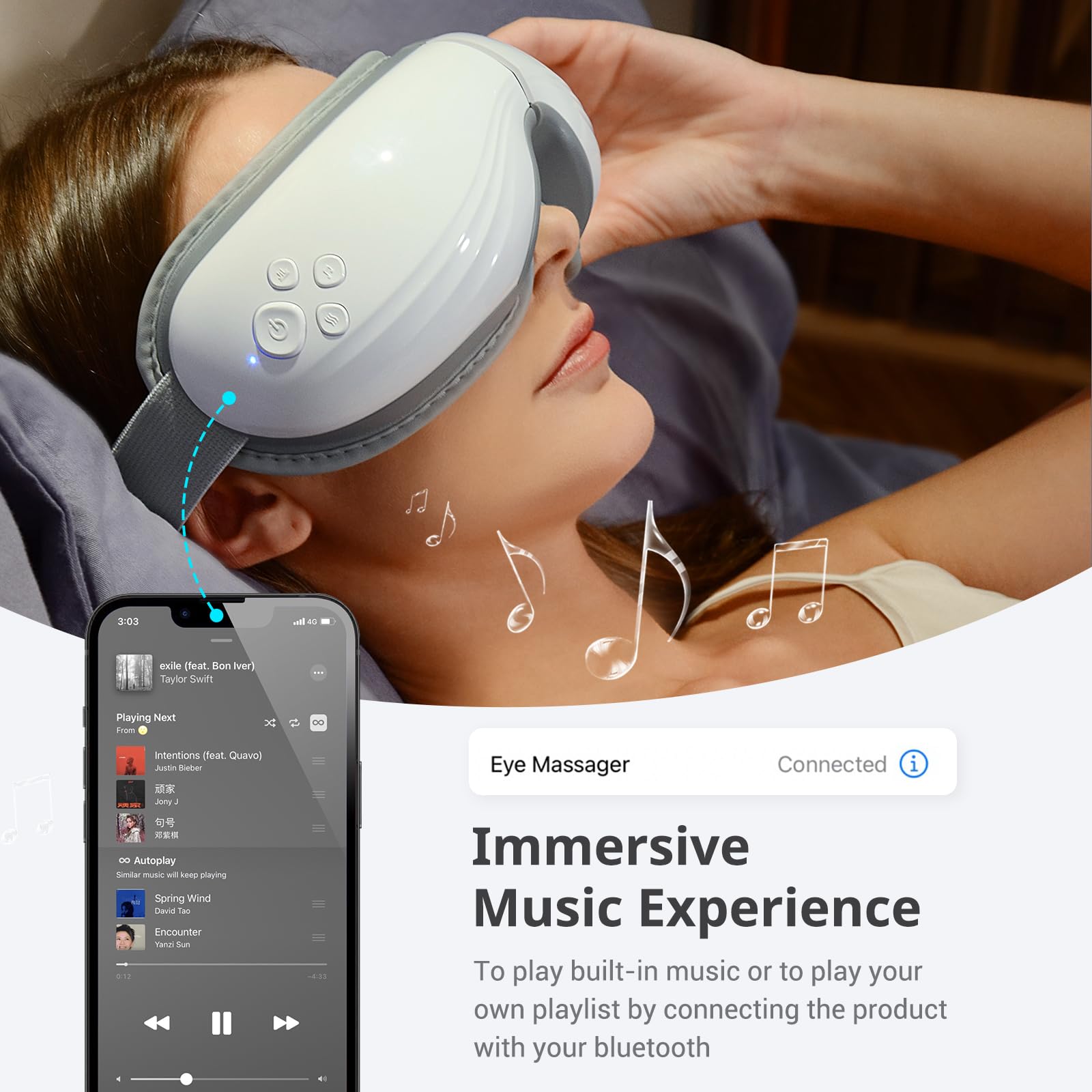 Mynt Eye Massager Bluetooth music option enhances relaxation ambiance.