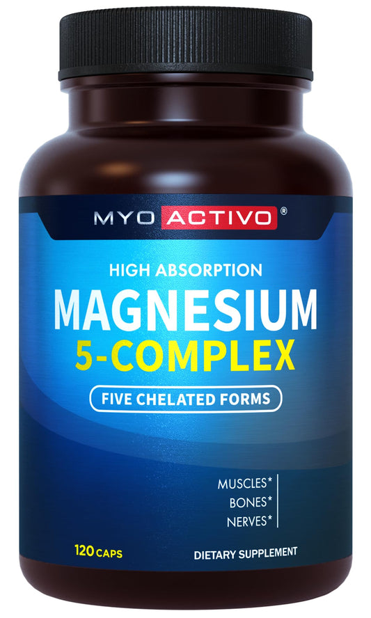 MyoActivo bottle front displaying the 5-in-1 magnesium complex for daily wellness.