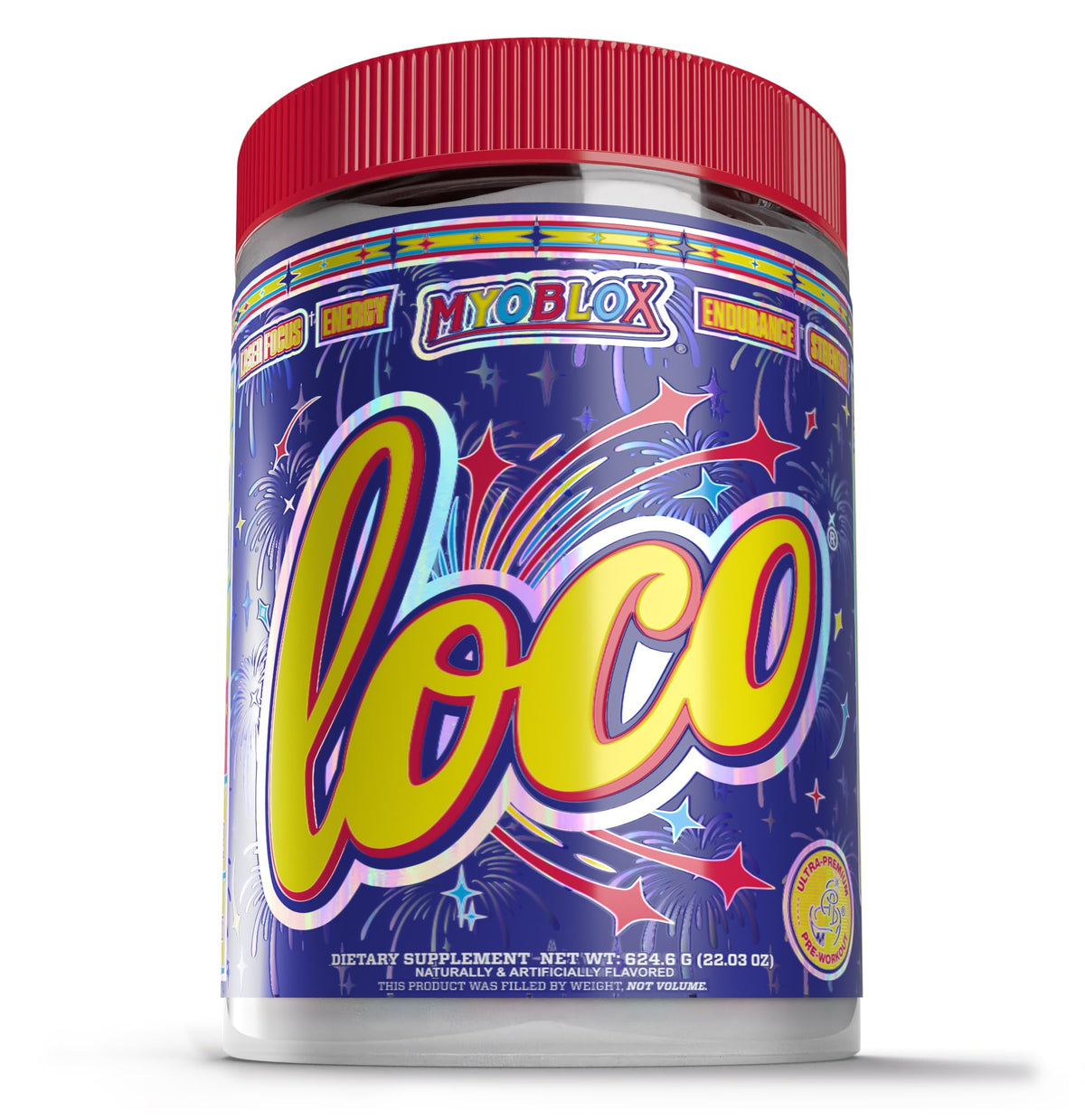 MyoBlox Loco bottle front for focused energy before workouts.