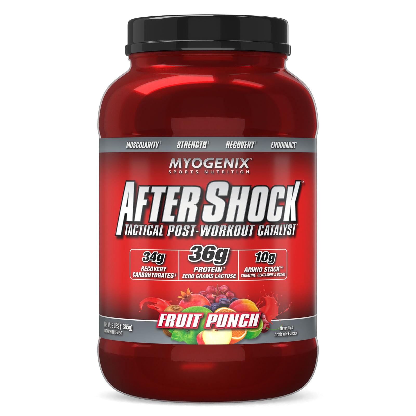 Myogenix AfterShock fruit punch bottle boosts post-workout recovery and glycogen replenishment.