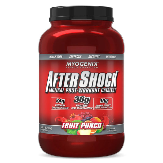 Myogenix AfterShock fruit punch bottle boosts post-workout recovery and glycogen replenishment.