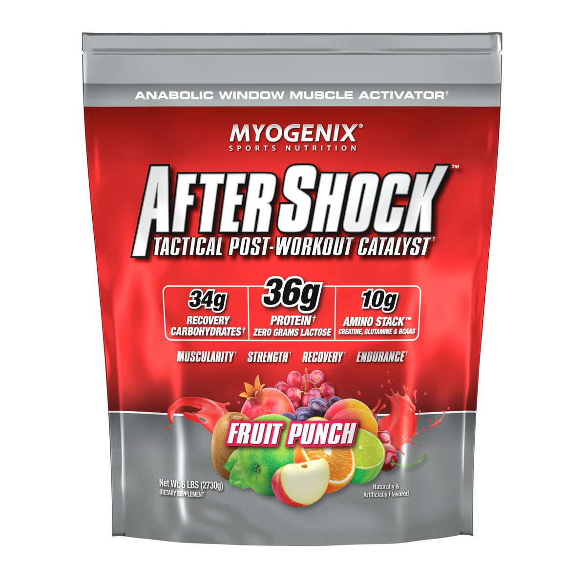 Myogenix Aftershock fruit punch bottle promotes post-workout recovery and muscle growth.