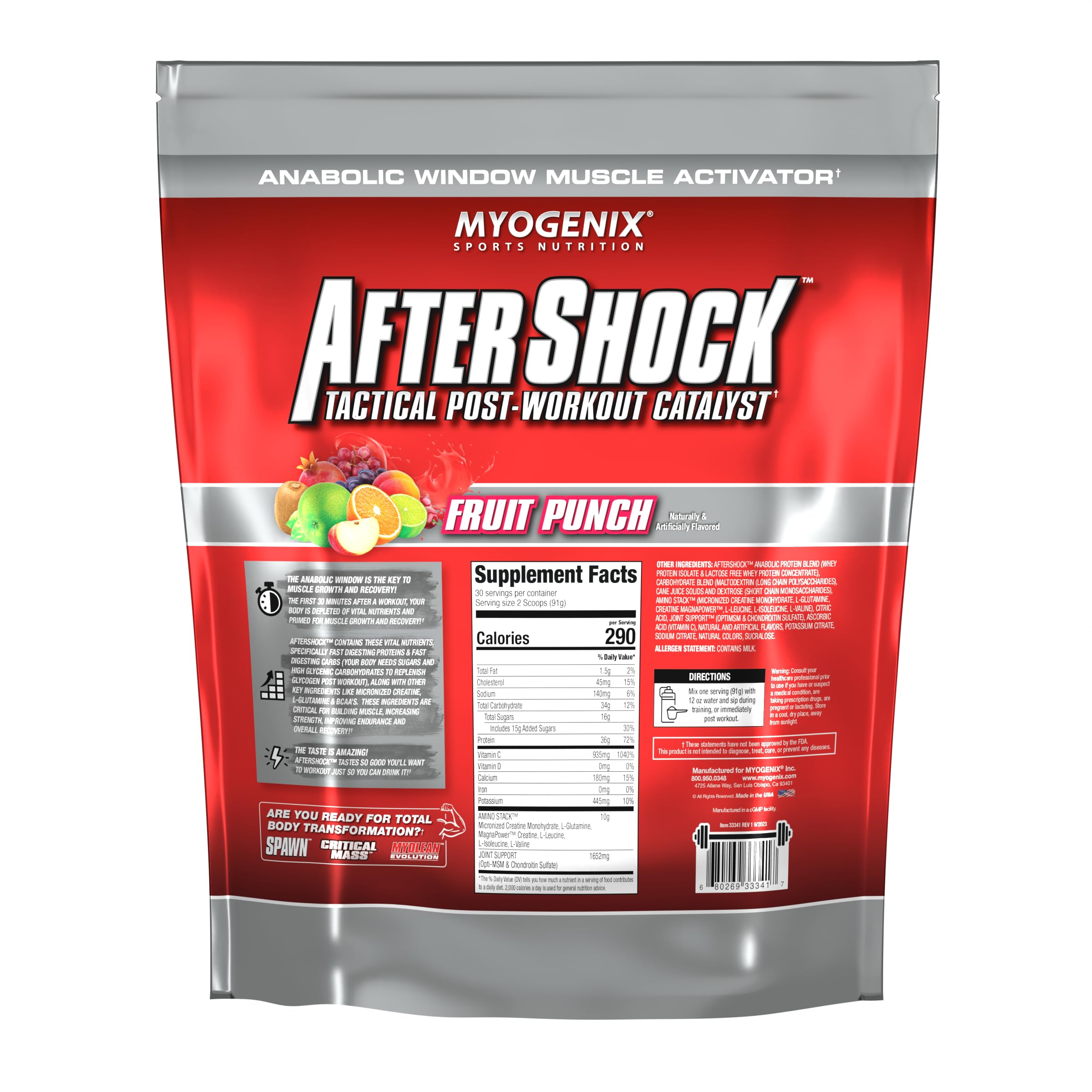 Myogenix Aftershock fruit punch serving in glass shows flavor appeal.