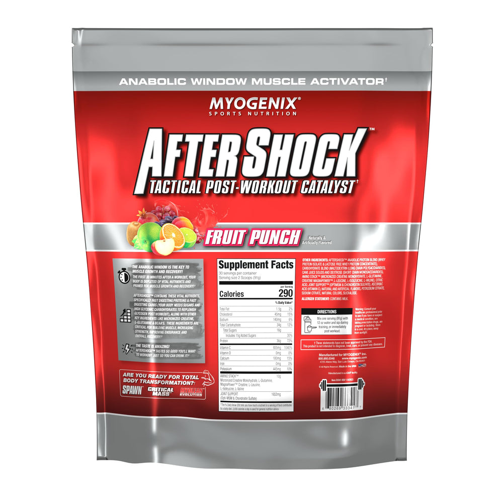 Myogenix Aftershock fruit punch serving in glass shows flavor appeal.