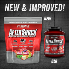 Myogenix Aftershock scoop beside tub shows quick-digesting protein option.