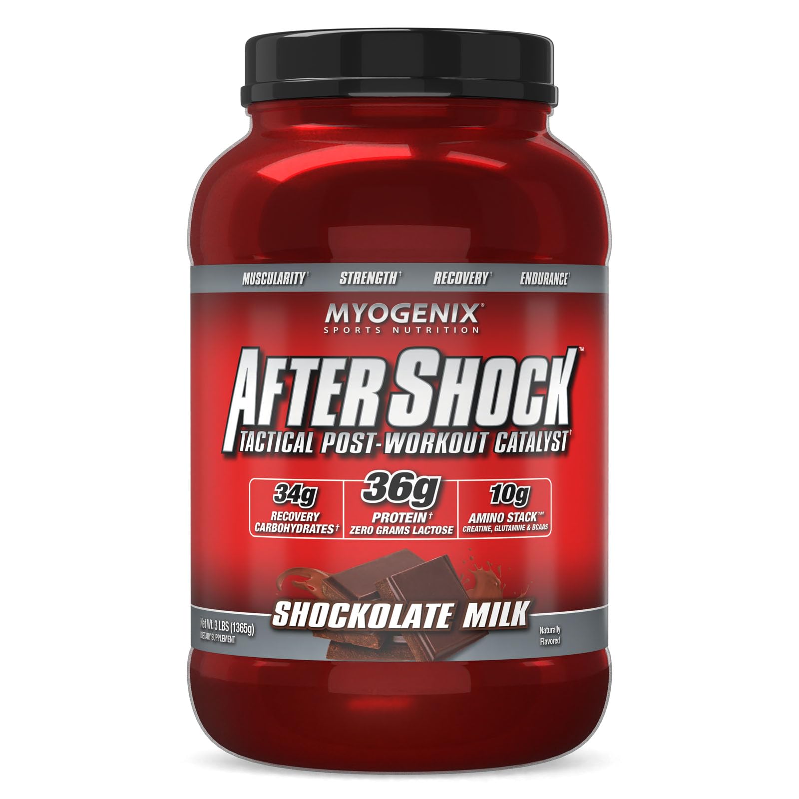 Myogenix Aftershock tub front with chocolate milk flavor for post-workout recovery.