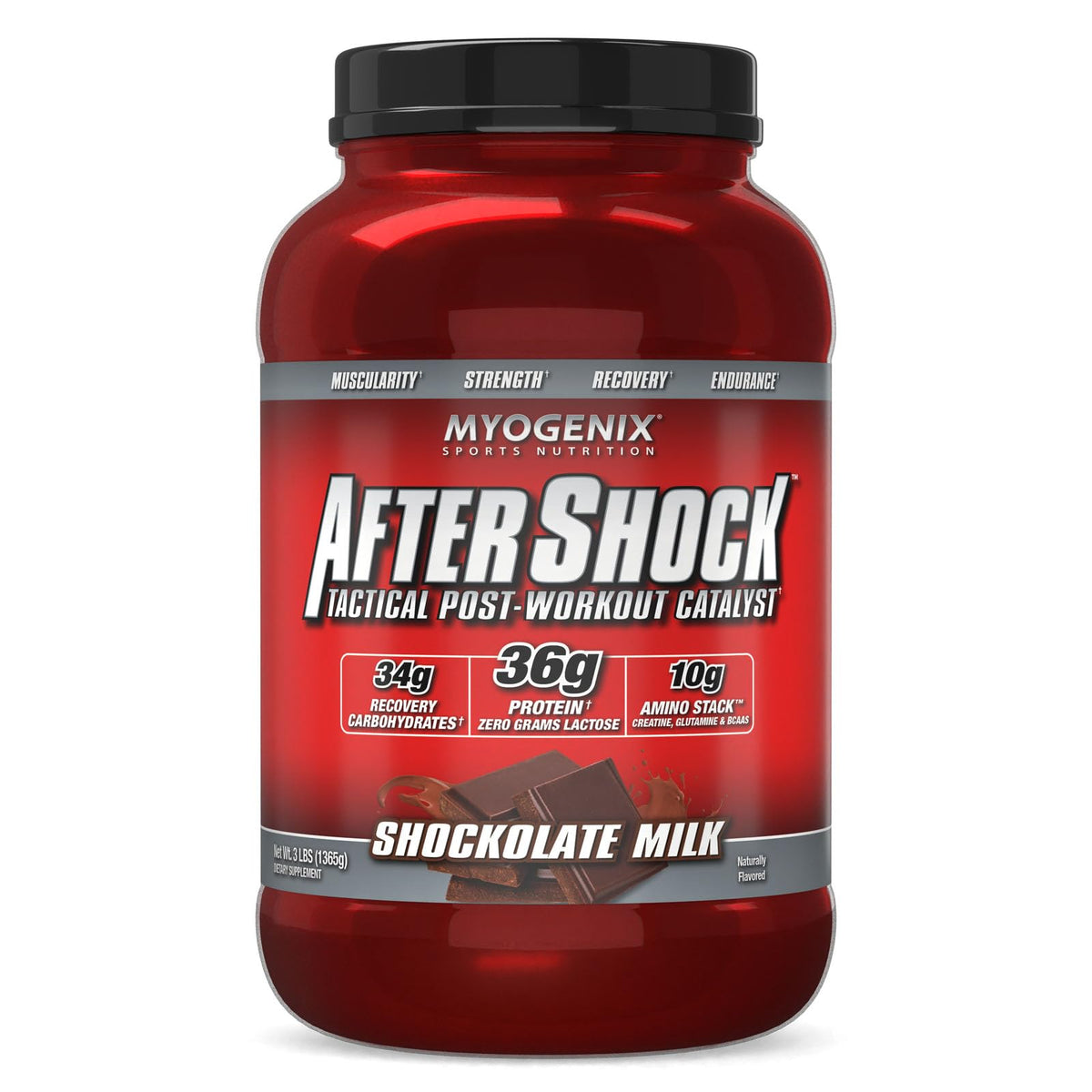 Myogenix Aftershock tub front with chocolate milk flavor for post-workout recovery.