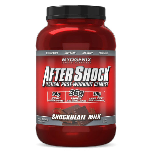 Myogenix Aftershock tub front with chocolate milk flavor for post-workout recovery.