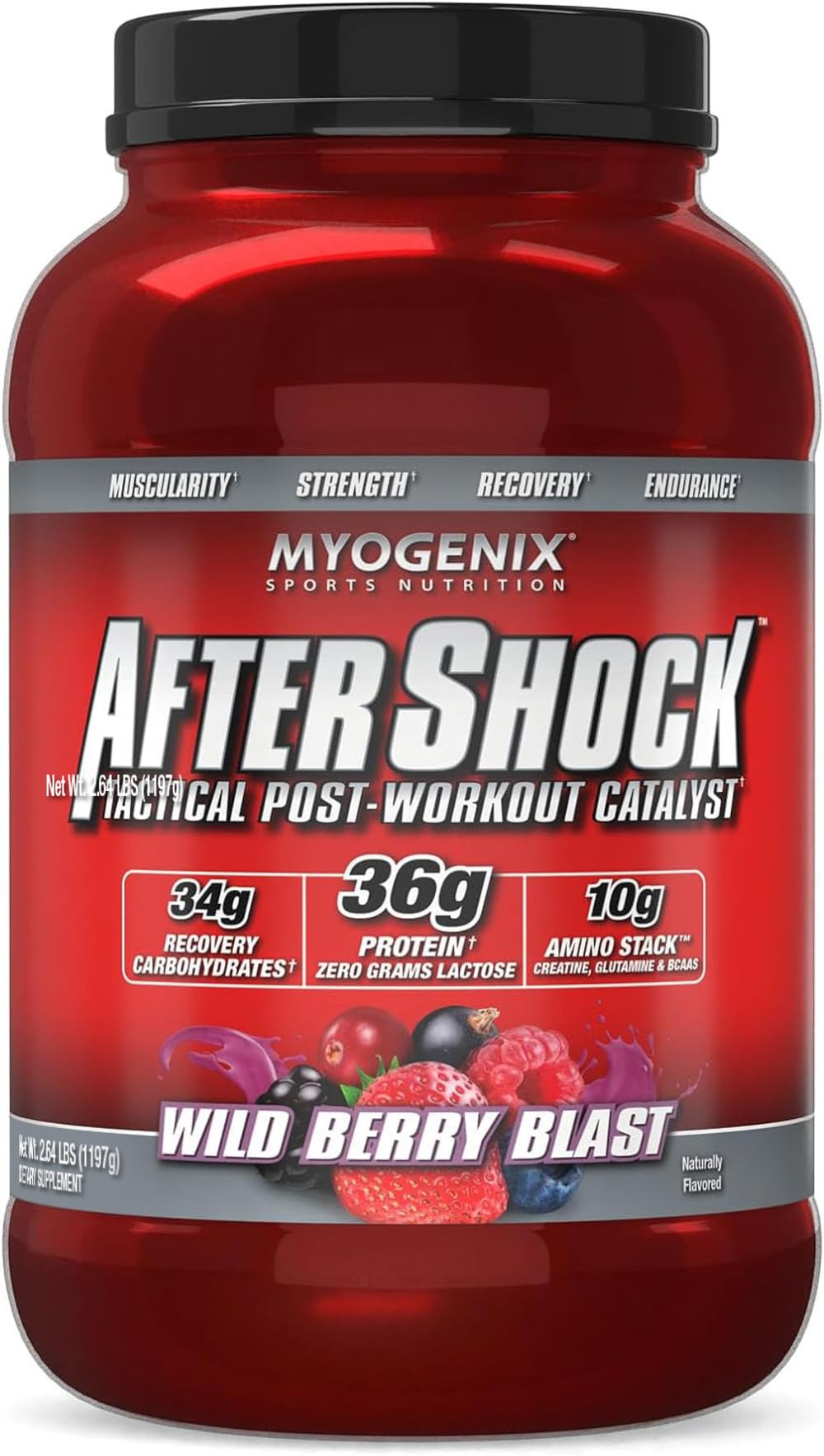 Myogenix AFTERSHOCK Wildberry bottle ready for post-workout recovery and glycogen support.