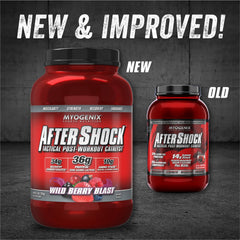 Myogenix AFTERSHOCK Wildberry scoop measures ingredients for precise protein and carb balance.