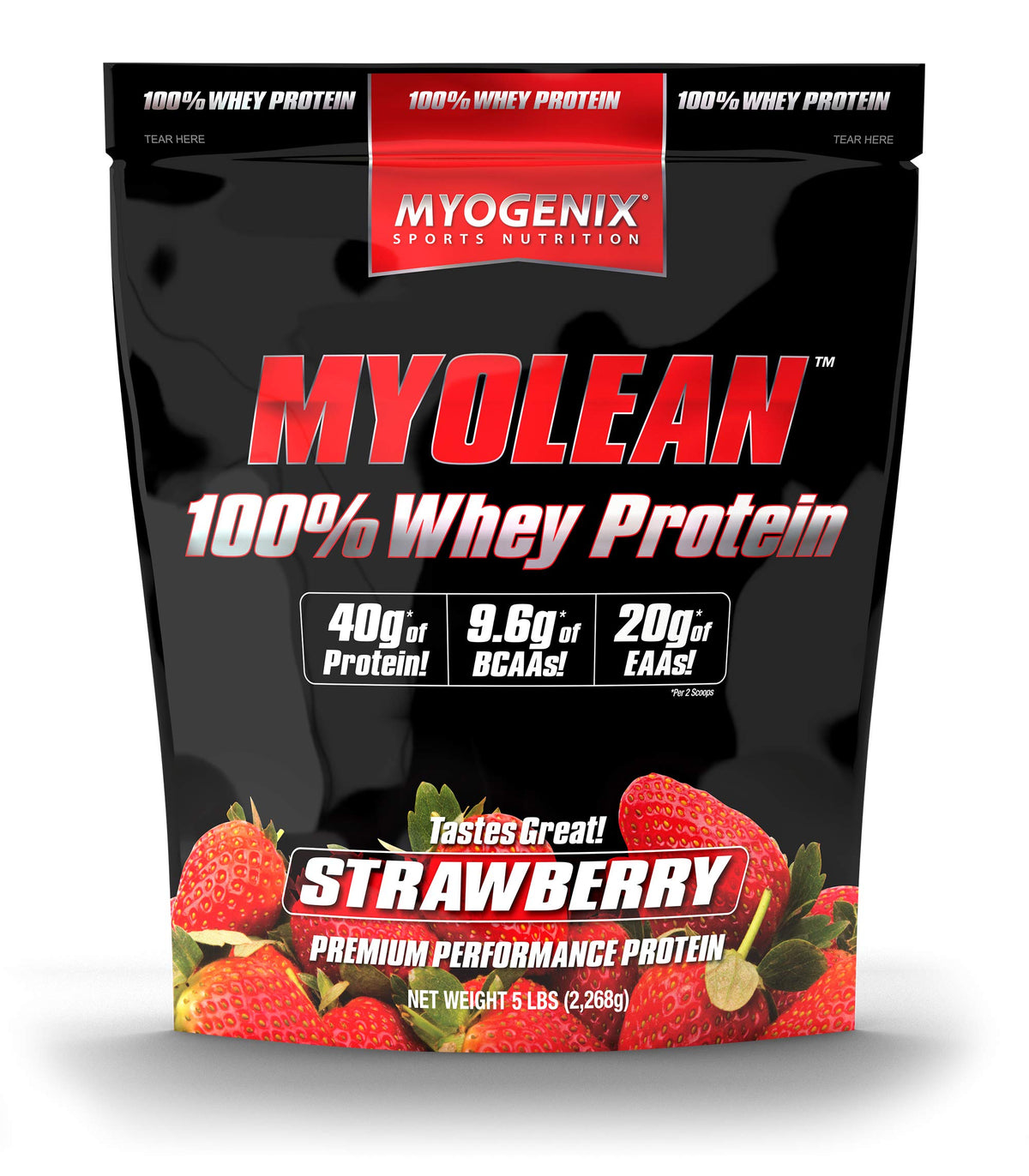 Myogenix Myolean strawberry powder tub front with 40 g protein per serving