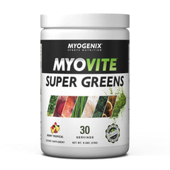 Myogenix MyoVite Super Greens berry tropical drink supports immunity and energy.