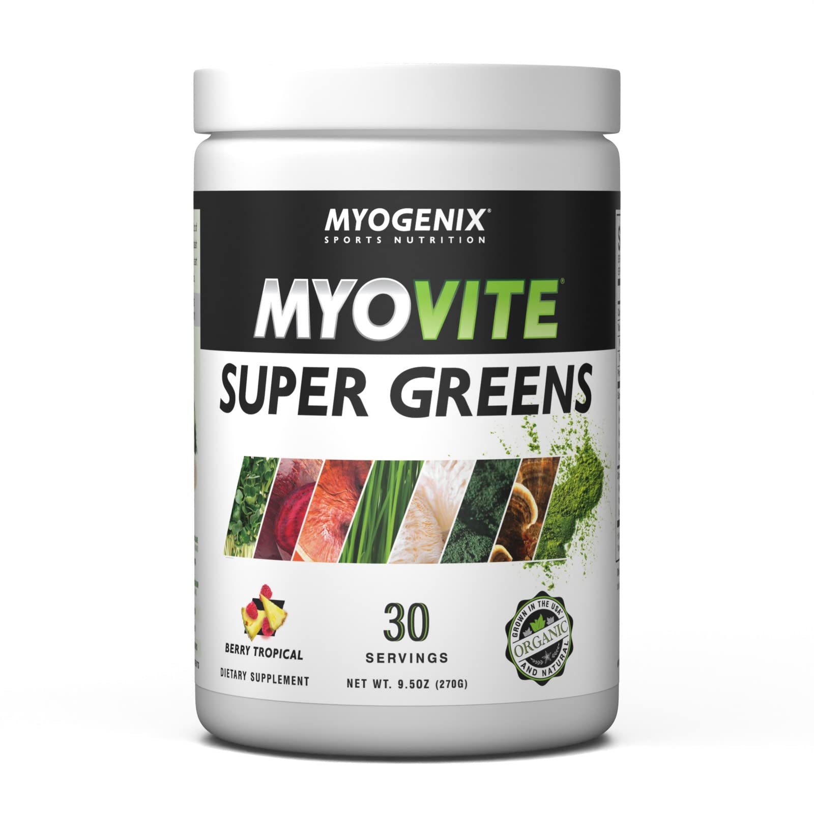Myogenix MyoVite Super Greens bottle supports daily energy and gut-friendly nutrition.