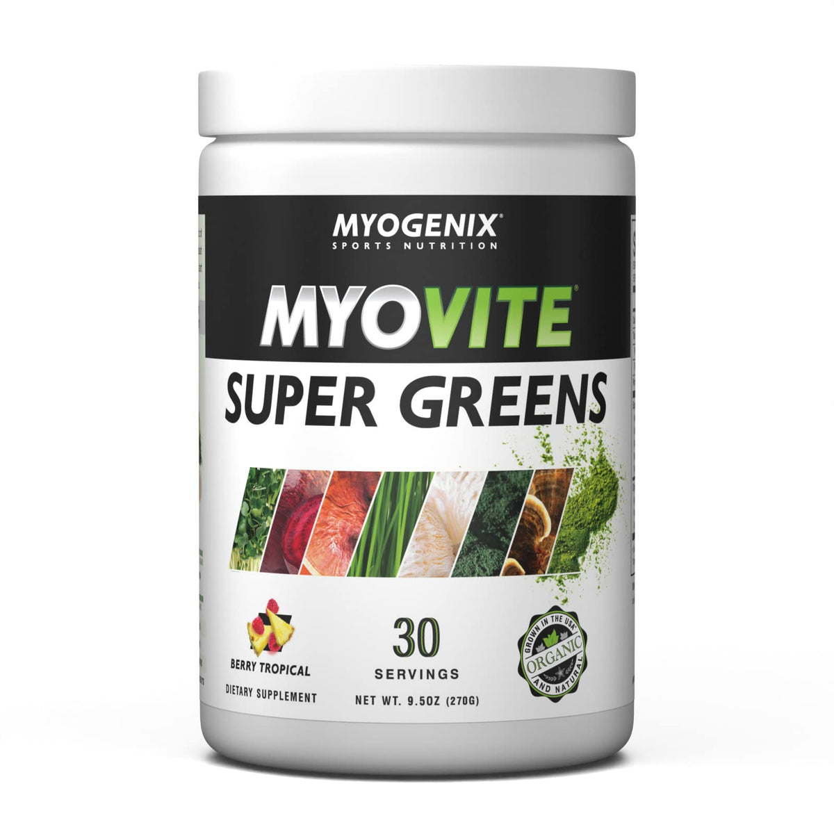 Myogenix MyoVite Super Greens bottle supports daily energy and gut-friendly nutrition.