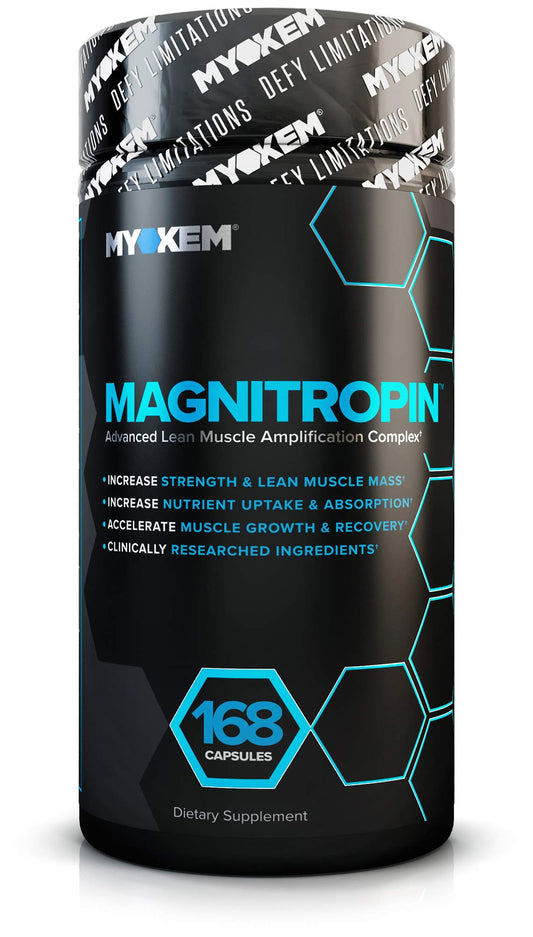 MYOKEM Magnitropin bottle front with bold labeling for lean muscle support.