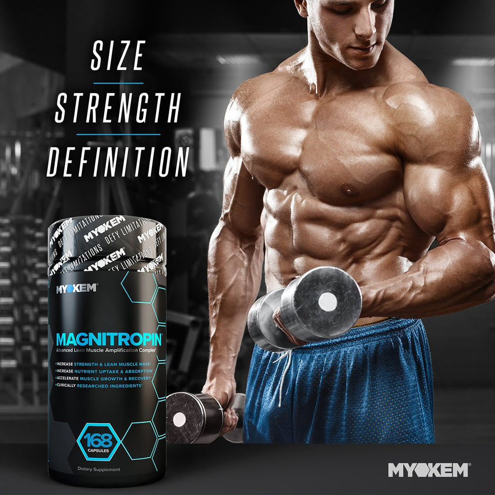 MYOKEM Magnitropin capsules beside a workout towel and water bottle.