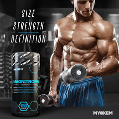 MYOKEM Magnitropin capsules beside a workout towel and water bottle.