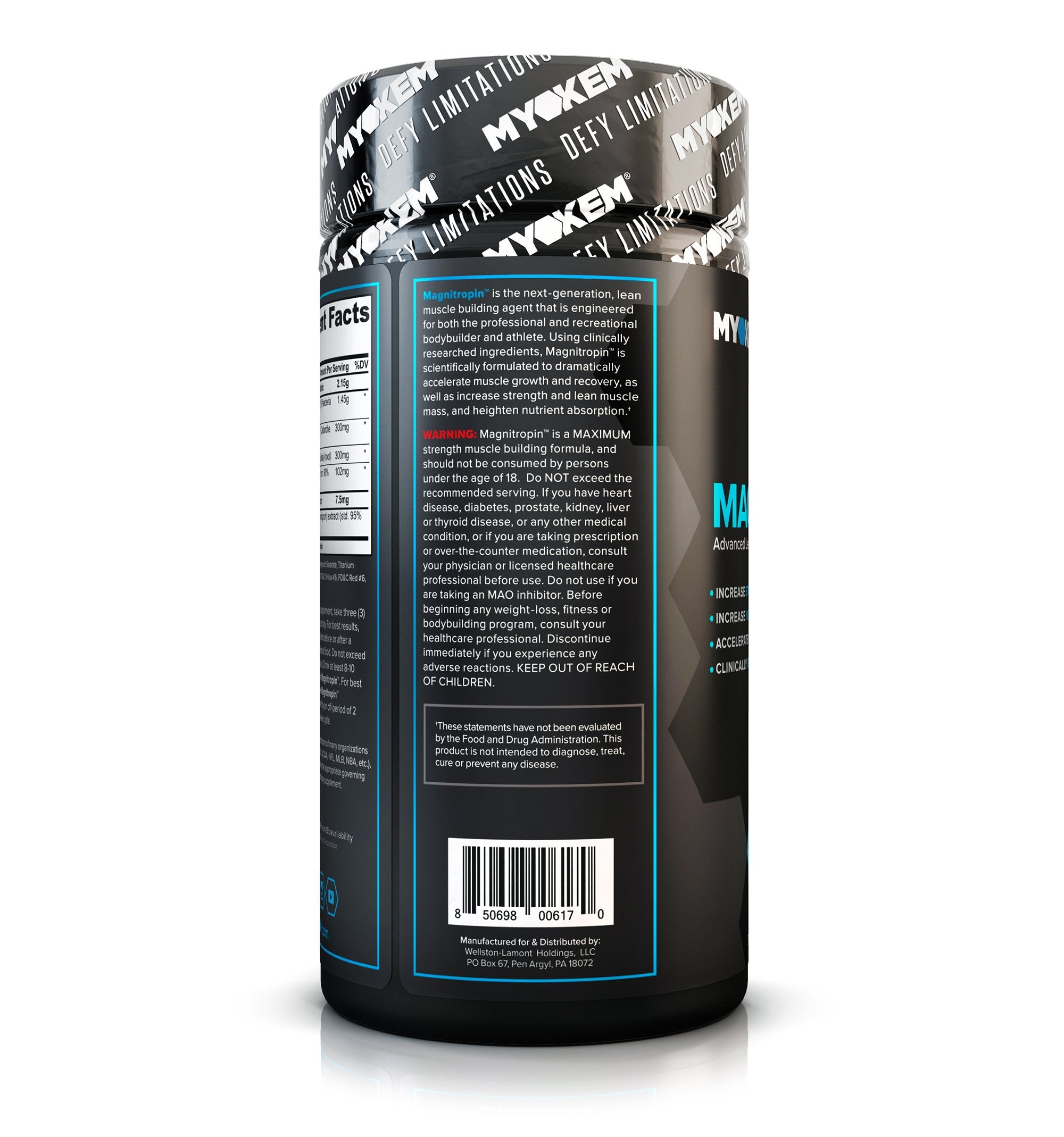 MYOKEM Magnitropin packaging on shelf for gym-ready nutrition.