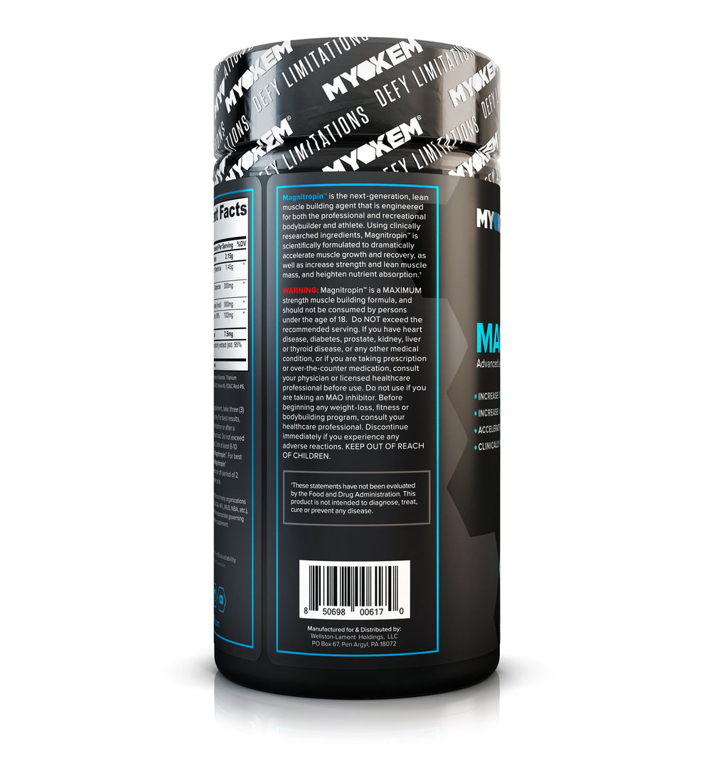 MYOKEM Magnitropin packaging on shelf for gym-ready nutrition.