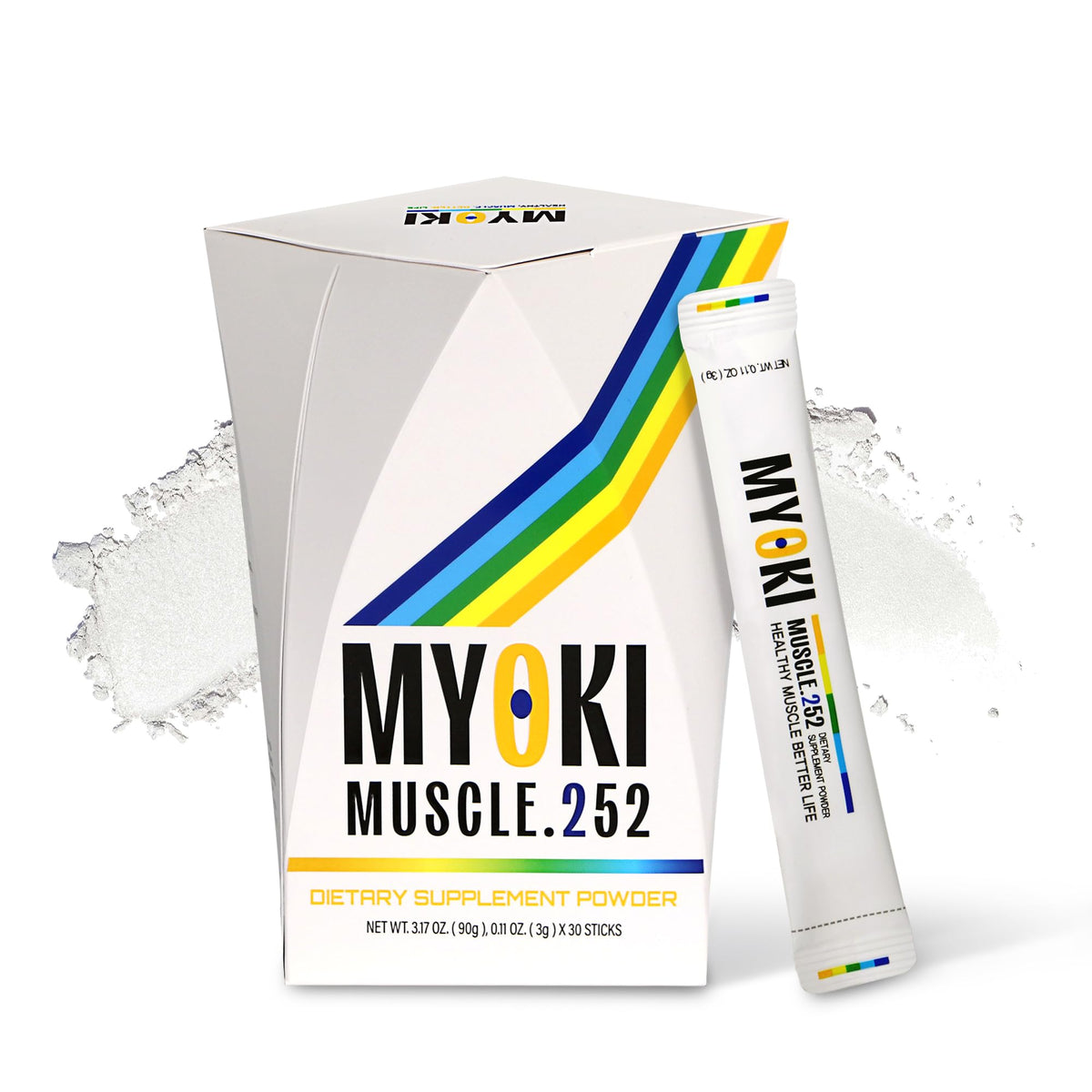 MYOKI muscle support stick-pack close-up, convenient daily serving for ongoing muscle health.
