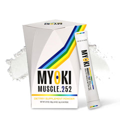 MYOKI muscle support stick-pack close-up, convenient daily serving for ongoing muscle health.