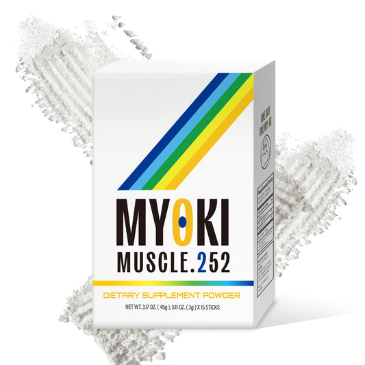 MYOKI muscle-support stick-pack front view for convenient lean muscle maintenance.