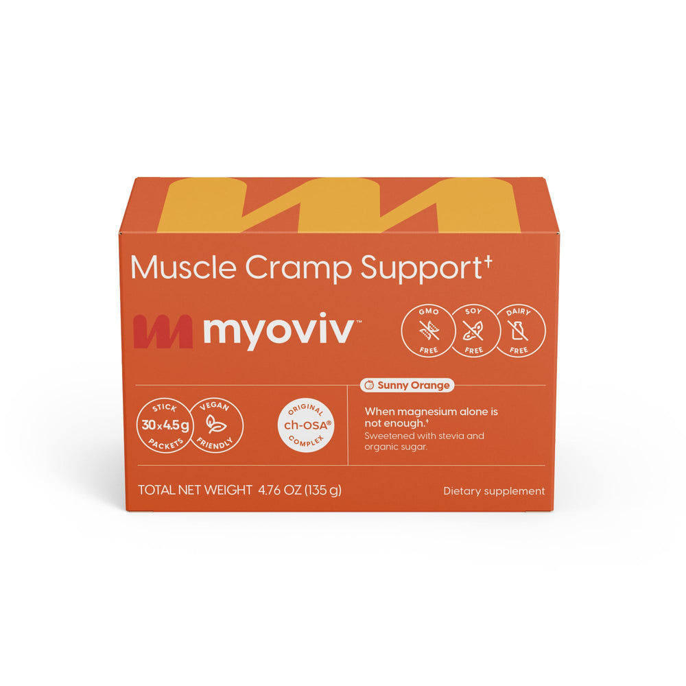 MYOVIV sunny orange packets packaging for easy on-the-go cramp relief.