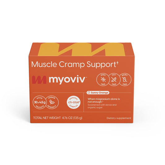 MYOVIV sunny orange packets packaging for easy on-the-go cramp relief.