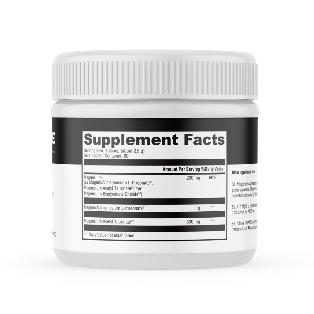 MYOXCIENCE Brain Mag bottle label shows magnesium L-threonate and glycinate.