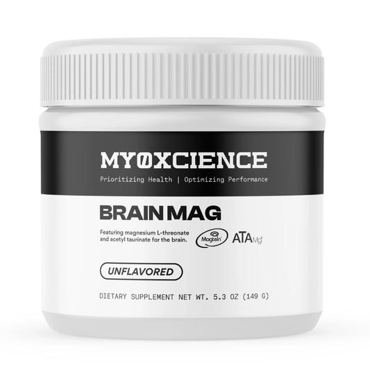 MYOXCIENCE Brain Mag packaging highlights Magtein magnesium for brain support.