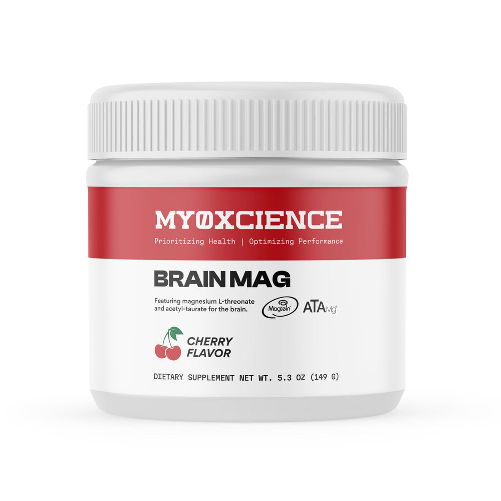 MYOXCIENCE Brain Magtein bottle pour shows easy daily dosing for focus.