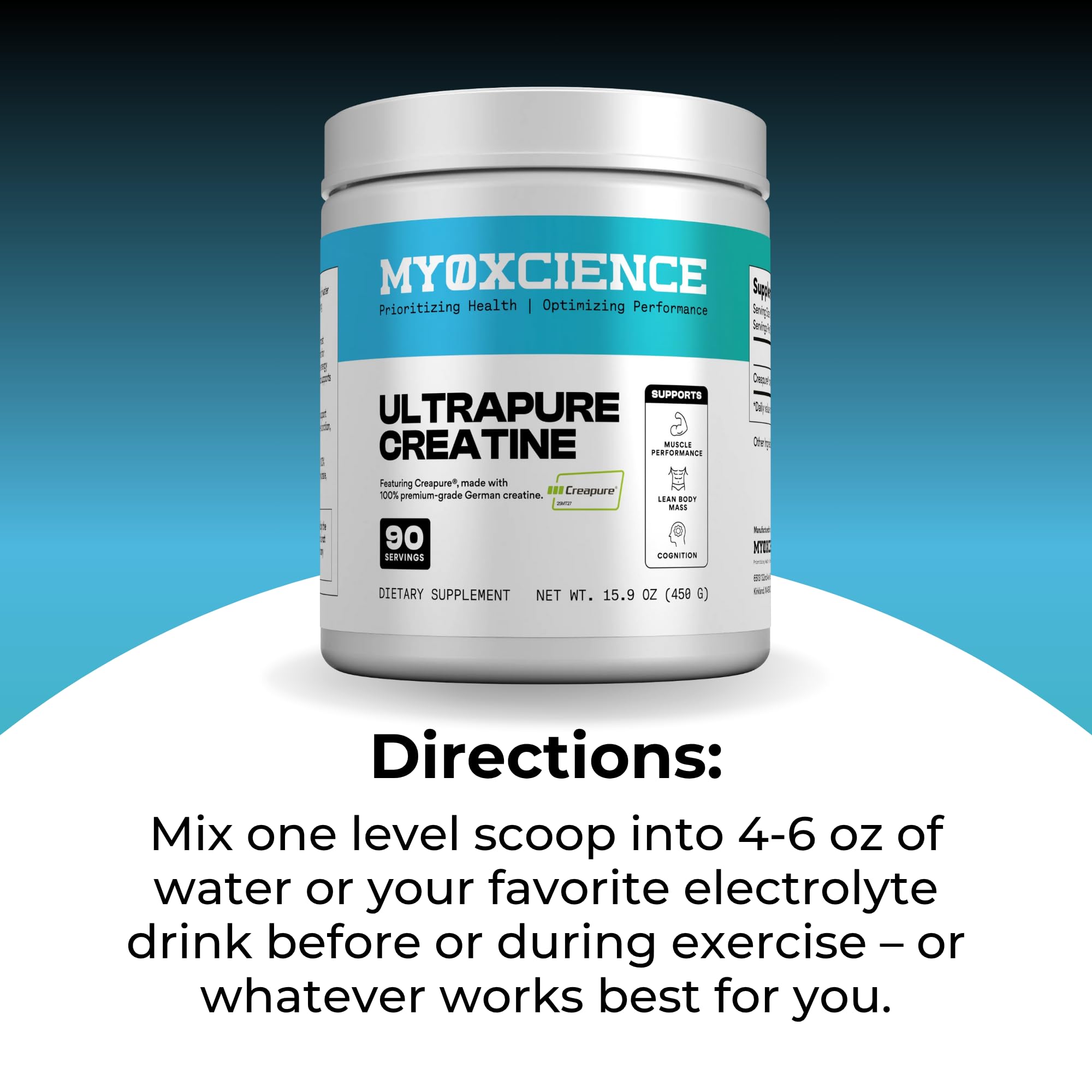 MYOXCIENCE Creapure Creatine bottle with smoothie for convenient use