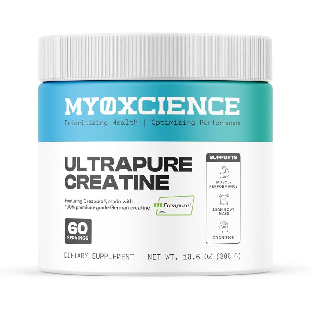 MYOXCIENCE Creapure Creatine Monohydrate container showing pure formula for strength support.