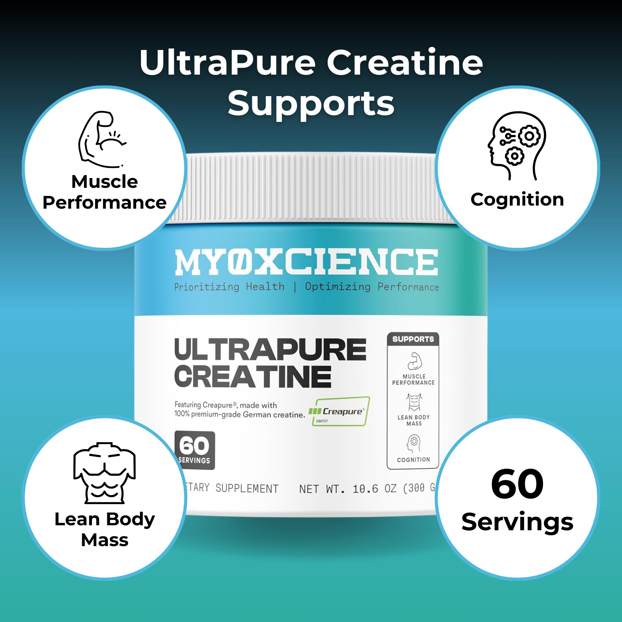 MYOXCIENCE Creapure Creatine Monohydrate powder being stirred for a clean beverage.