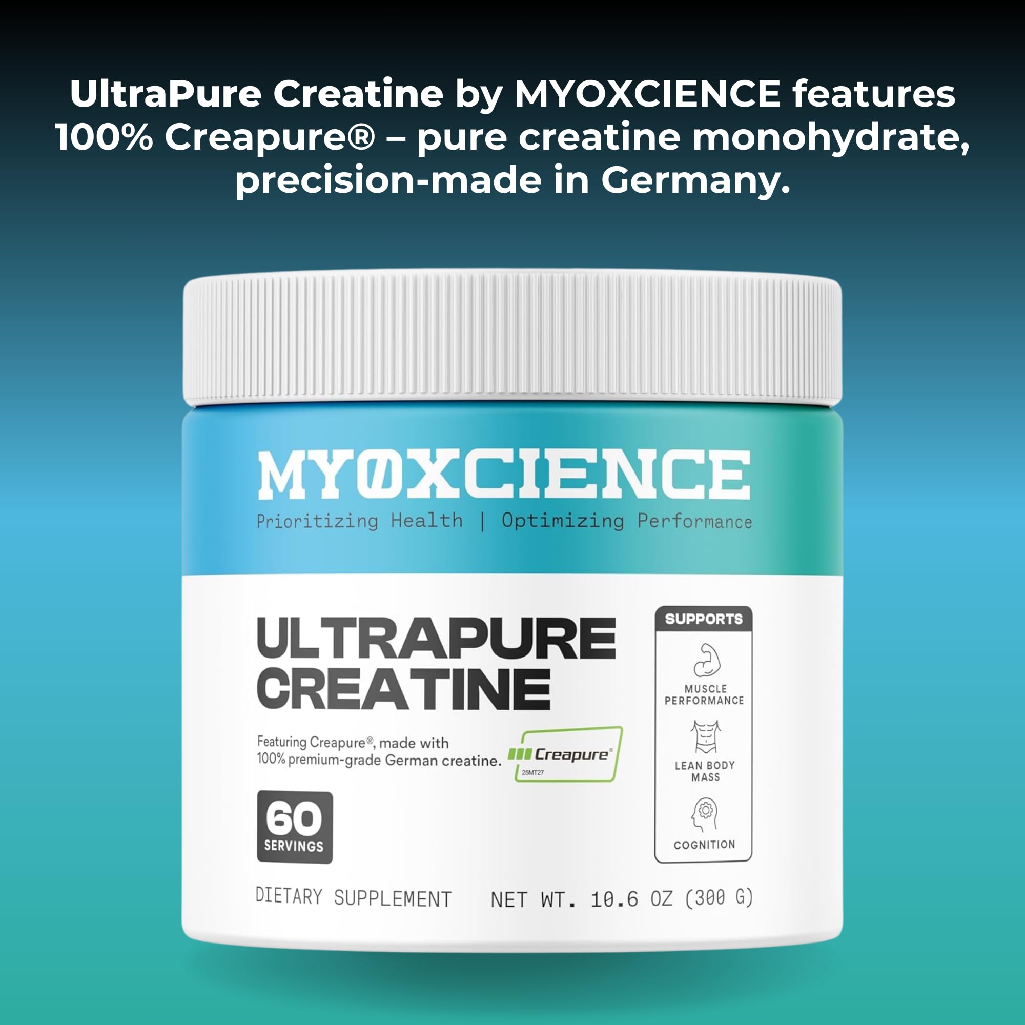 Close-up of MYOXCIENCE Creapure Creatine Monohydrate label highlighting purity.
