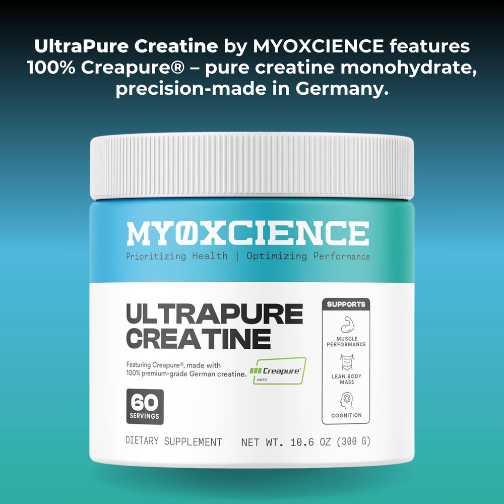 Close-up of MYOXCIENCE Creapure Creatine Monohydrate label highlighting purity.