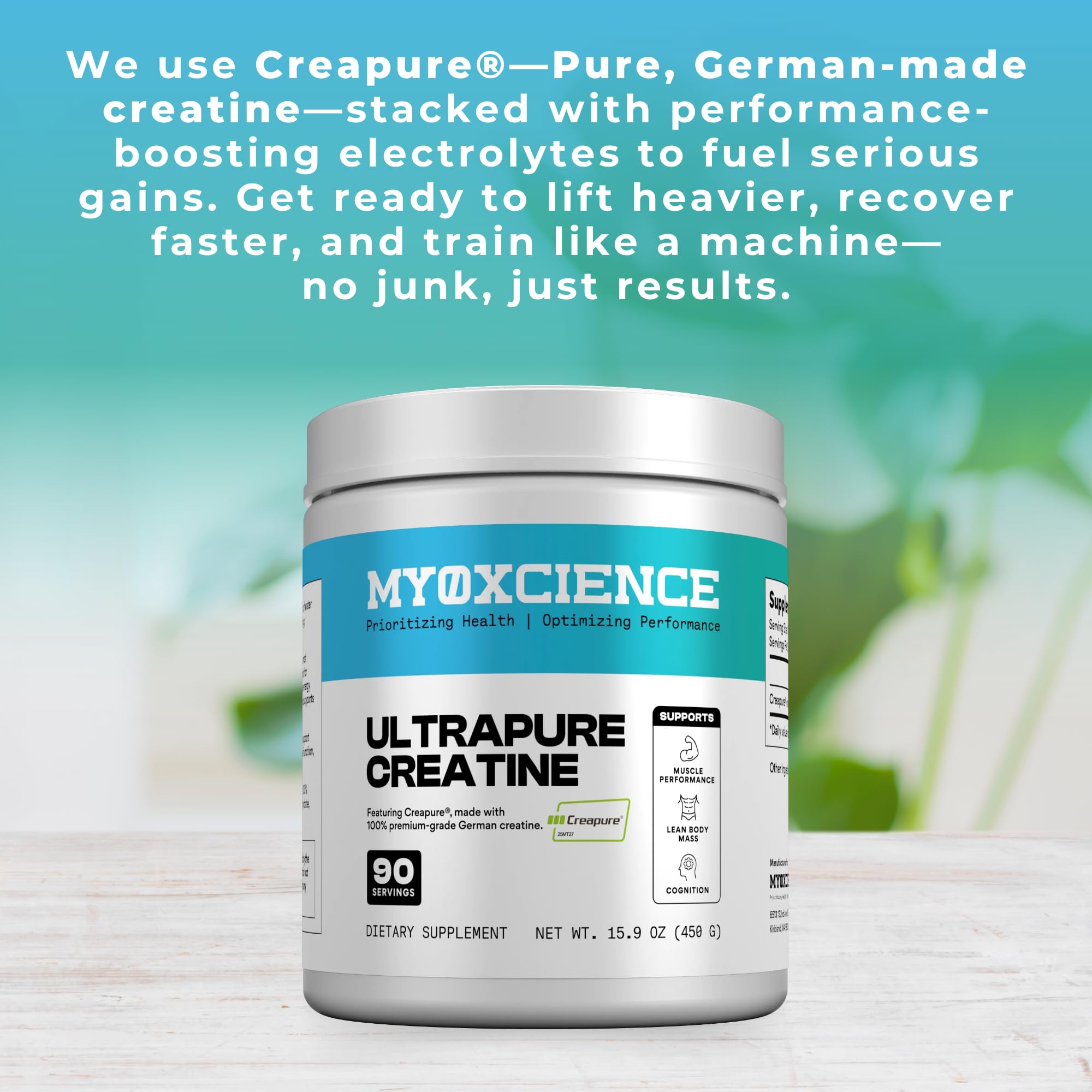 MYOXCIENCE Creapure Creatine powder pouring into glass for easy mixing