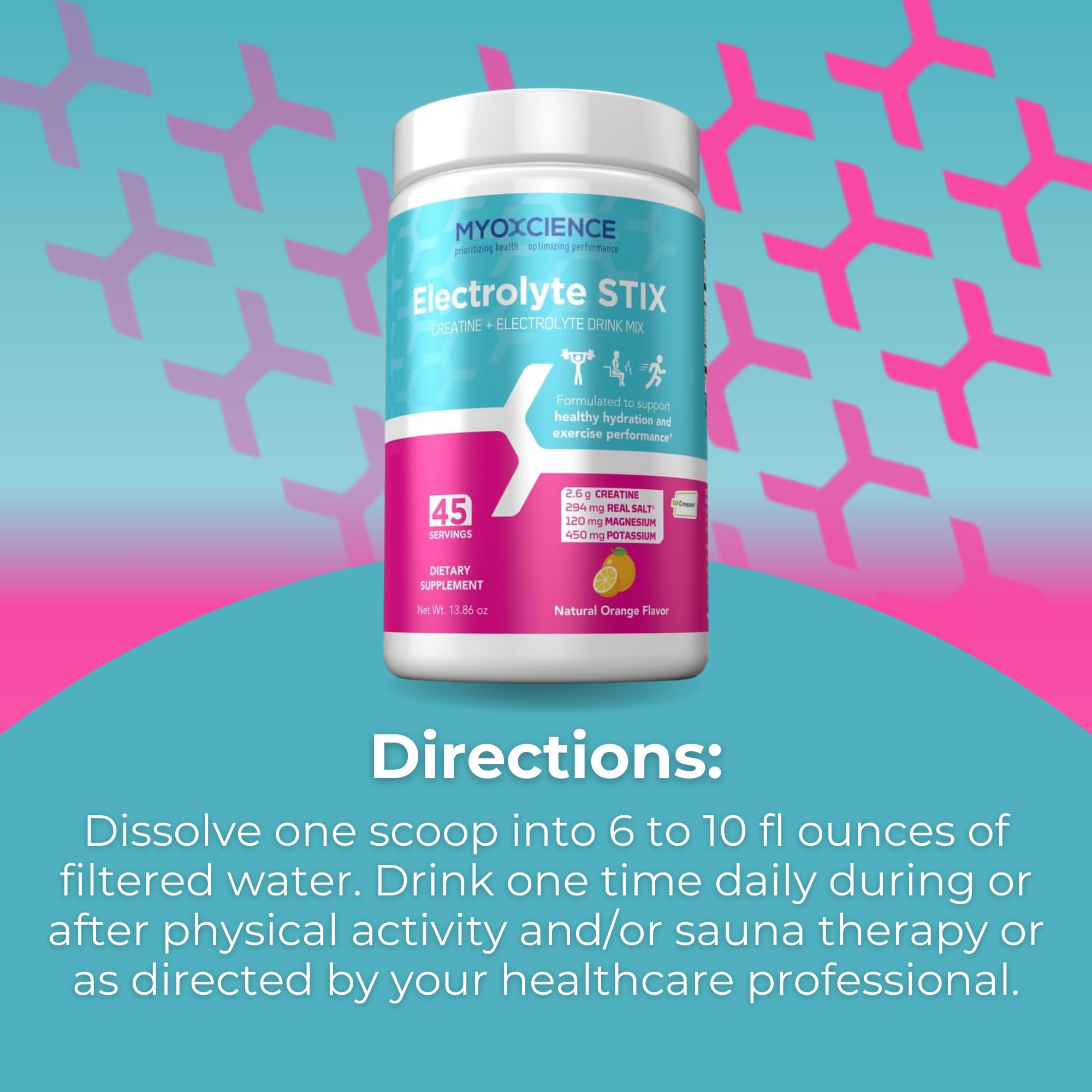 MYOXCIENCE Electrolyte STIX box highlights orange flavor and convenient servings