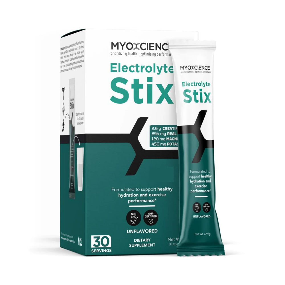 MYOXCIENCE Electrolyte STIX box front promotes quick hydration on the go.