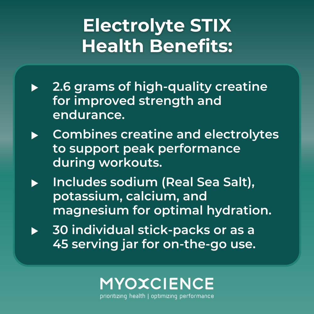 MYOXCIENCE Electrolyte STIX close-up highlights potassium and magnesium.
