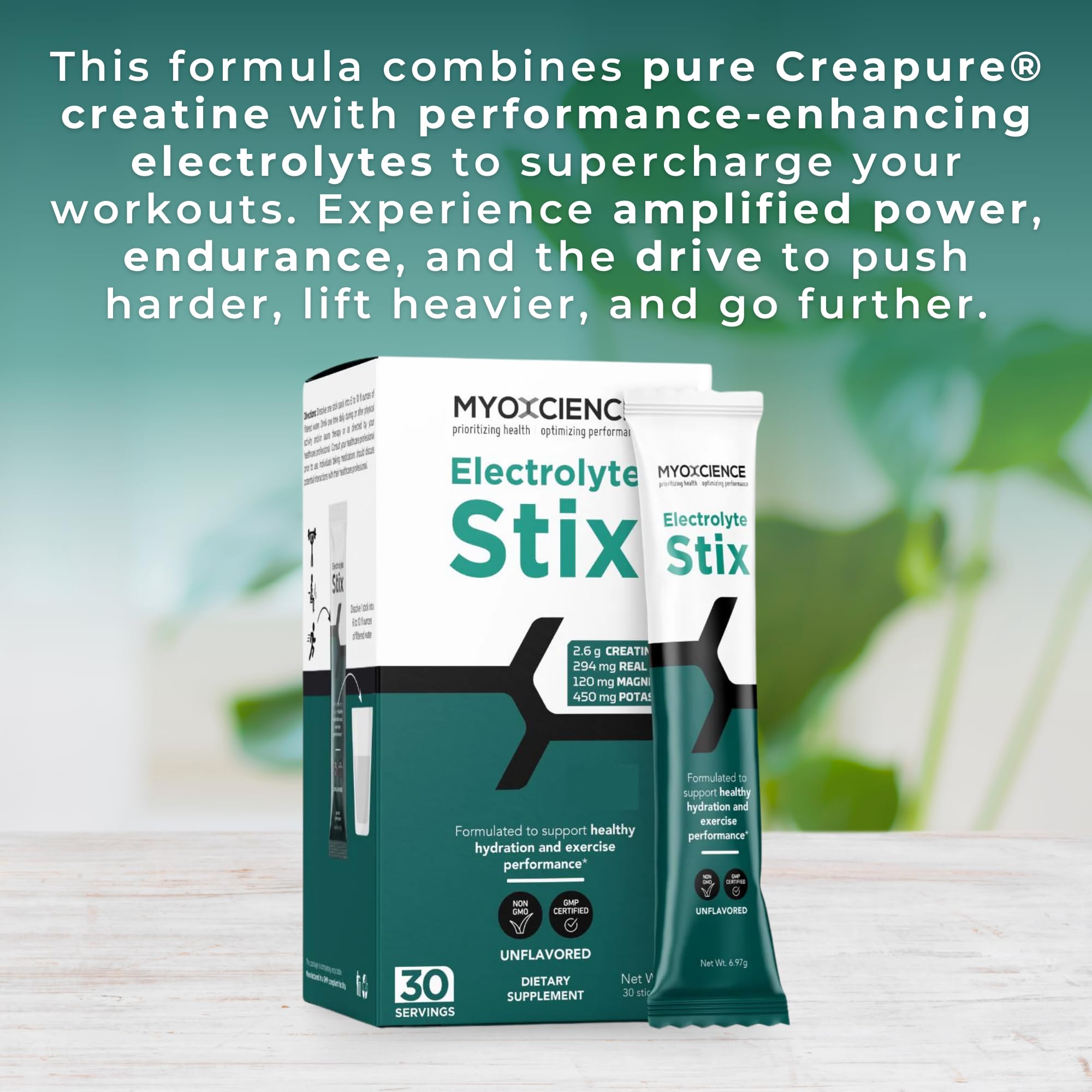 MYOXCIENCE Electrolyte STIX ingredients list highlights creatine and minerals.