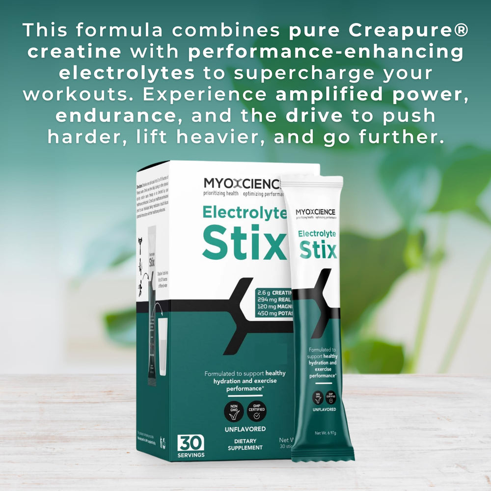 MYOXCIENCE Electrolyte STIX ingredients list highlights creatine and minerals.