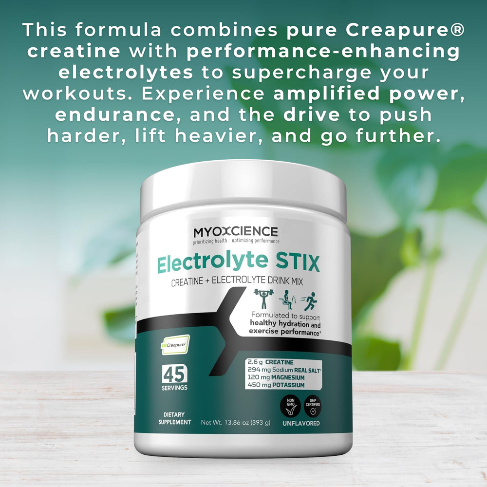 MYOXCIENCE Electrolyte STIX jar shows 45 servings for steady hydration.