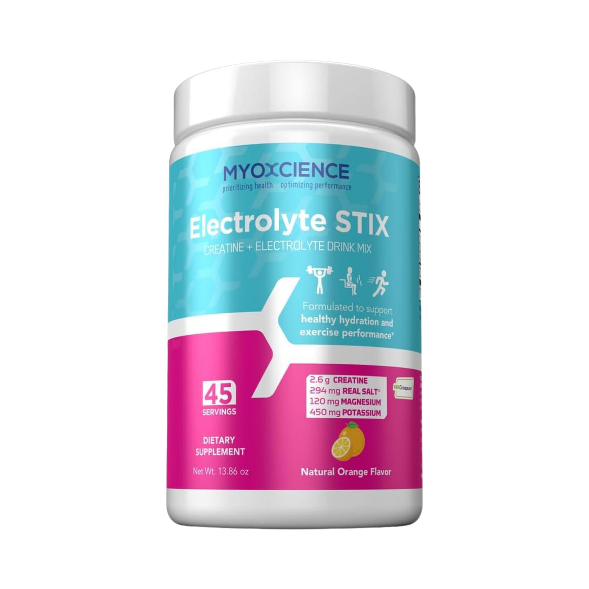 MYOXCIENCE Electrolyte STIX jar label highlighting Real Salt for hydration