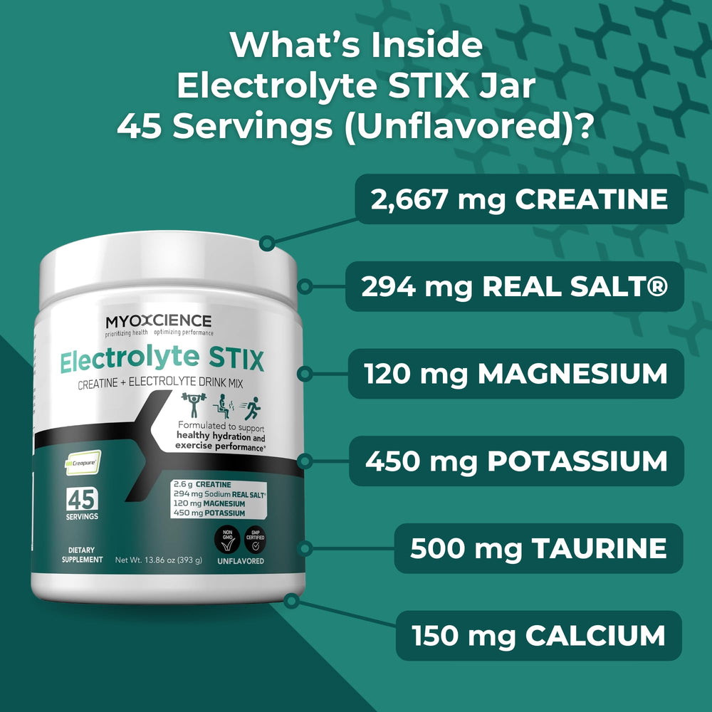 MYOXCIENCE Electrolyte STIX label emphasizes REAL SALT and minerals.