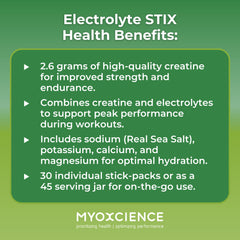 MYOXCIENCE Electrolyte STIX measured scoop beside prepared drink.
