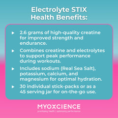 MYOXCIENCE Electrolyte STIX packaging close-up with 30 sticks for travel