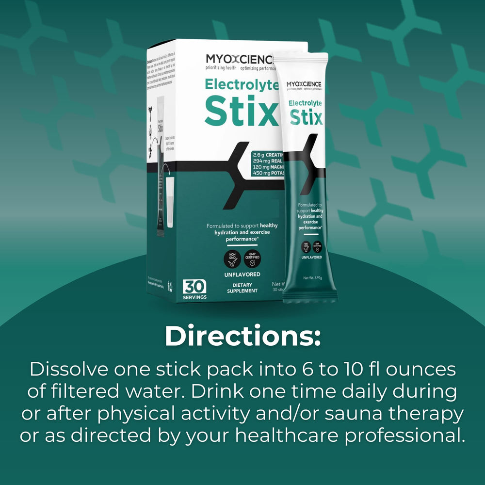 MYOXCIENCE Electrolyte STIX serving idea with glass and spoon for hydration.