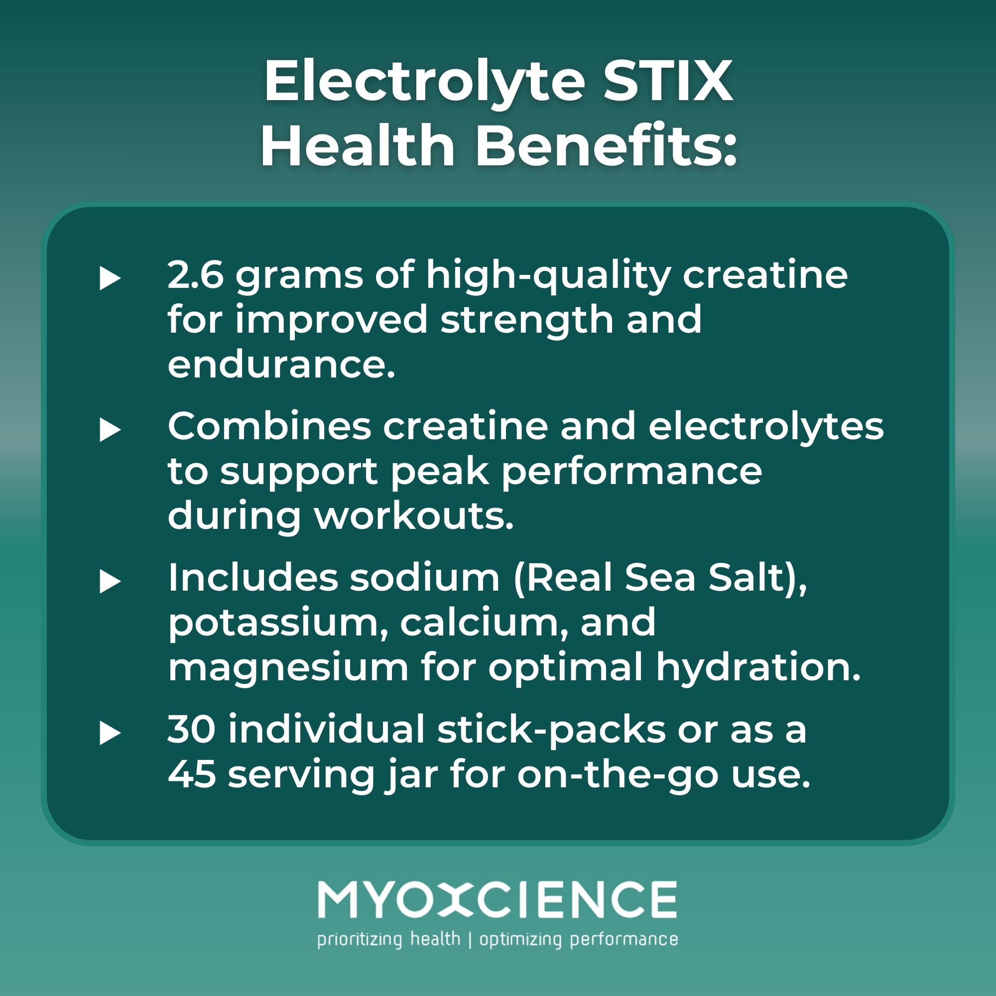 MYOXCIENCE Electrolyte STIX taurine ingredient highlights energy-support benefits.