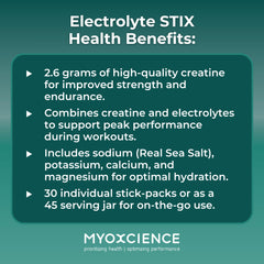MYOXCIENCE Electrolyte STIX taurine ingredient highlights energy-support benefits.